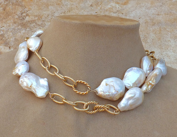 Long Pearl Necklacewith 24K Gold Overlay Fancy Chain
